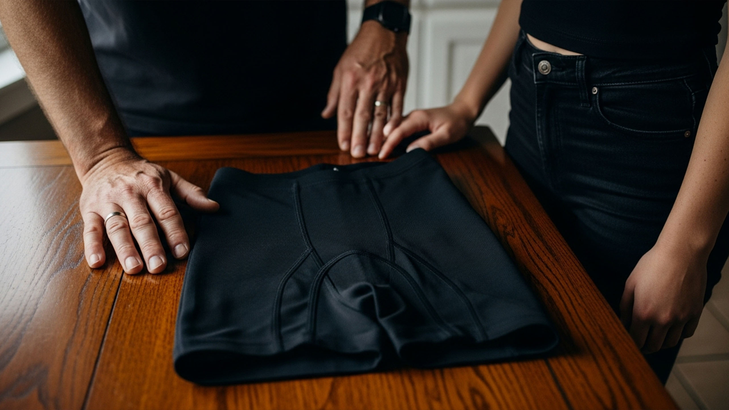 Father giving anti-rape shorts he bought for his daughter.