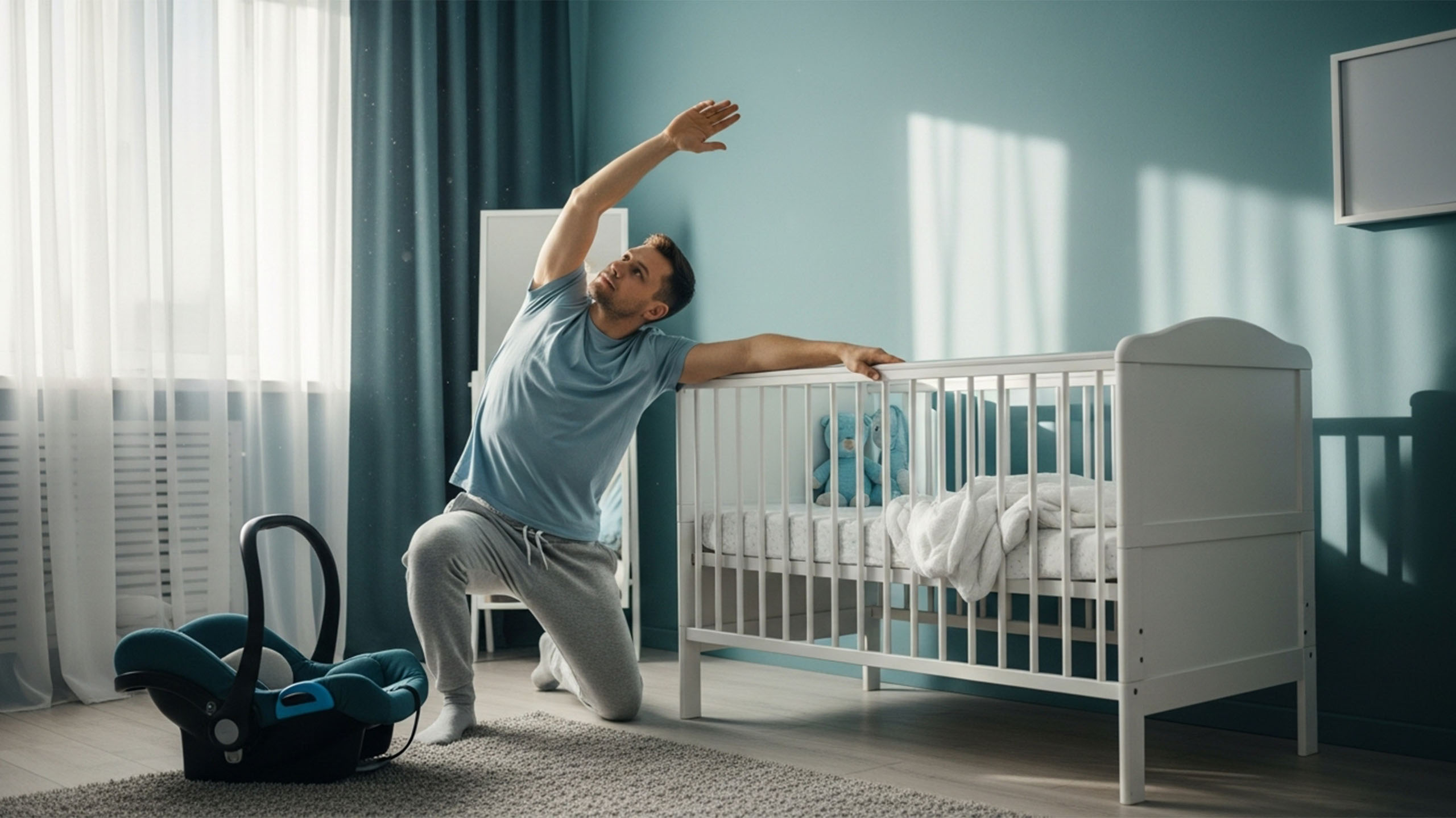 Man preparing for fatherhood with morning stretch and calm routine in soft blue light