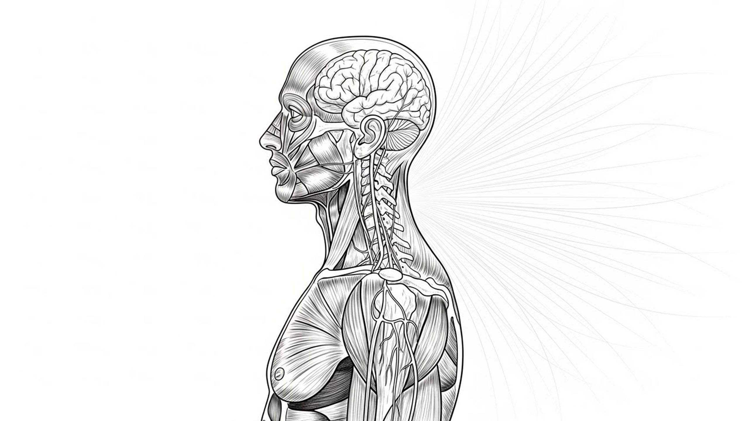 A side-profile anatomical illustration of a human male form, rendered in detailed black-and-white ink style.