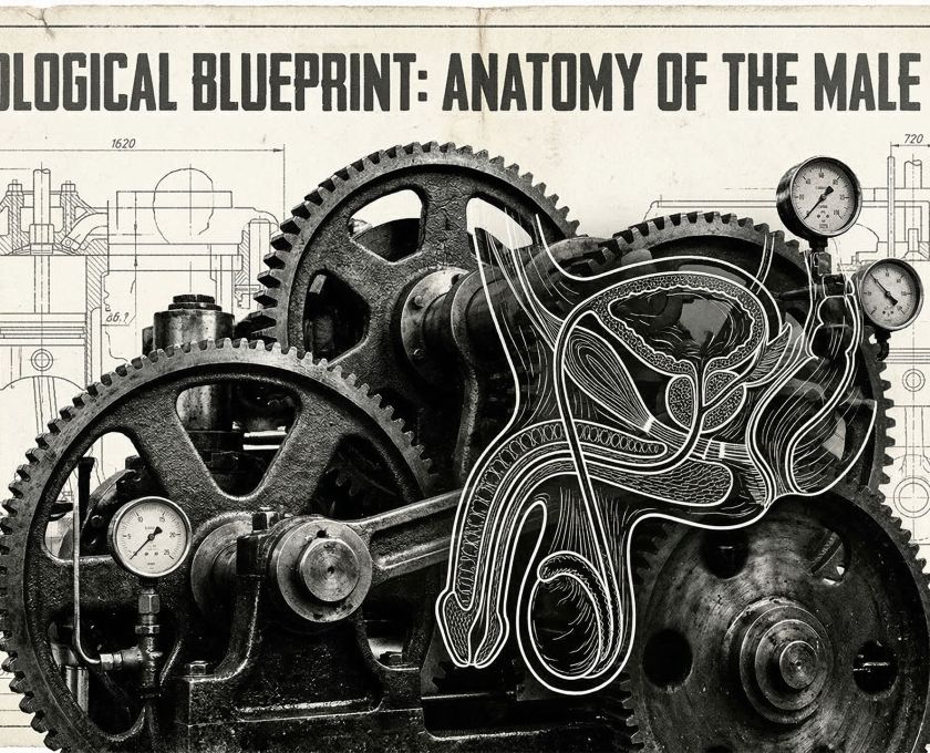 Technical blueprint style illustration of male physiological structures.