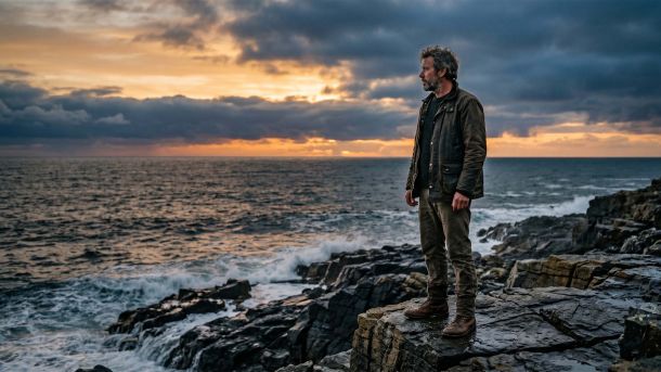 A rugged man standing at dawn on a rocky shoreline, composed and still — representing masculine identity and mindful strength