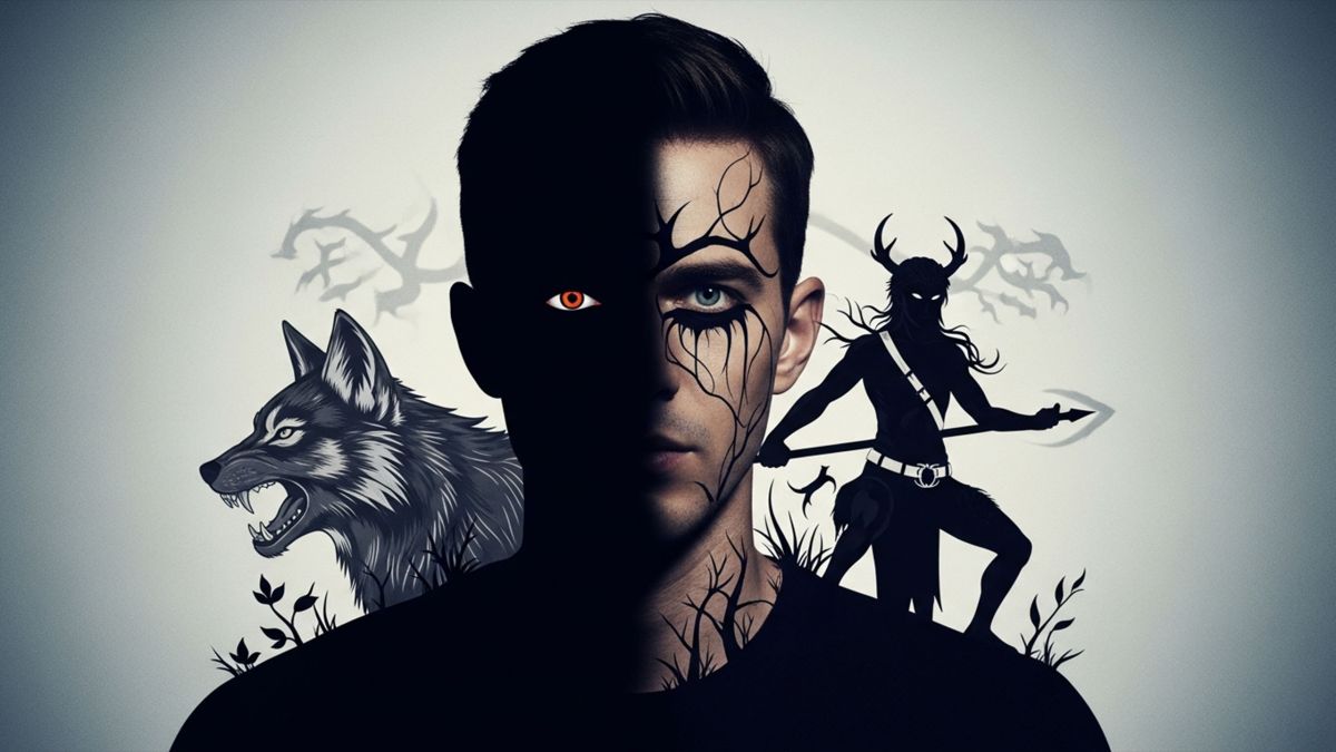 Editorial portrait: man half in shadow with subtle wolf and wolfish silhouette motifs — symbolic of desire and transformation.