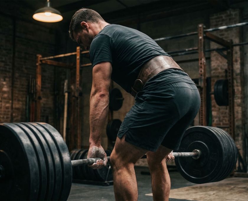 Man performing a heavy barbell deadlift with full-body brace, representing pelvic floor engagement and core stability in male athletes