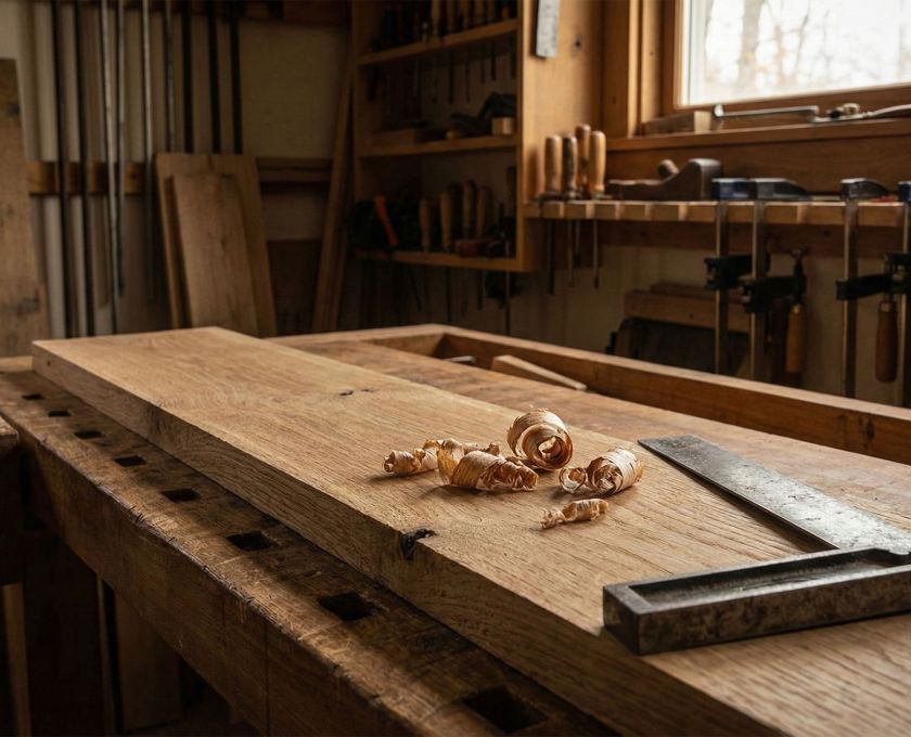 A man’s hands working with traditional woodworking tools on a sturdy workbench.