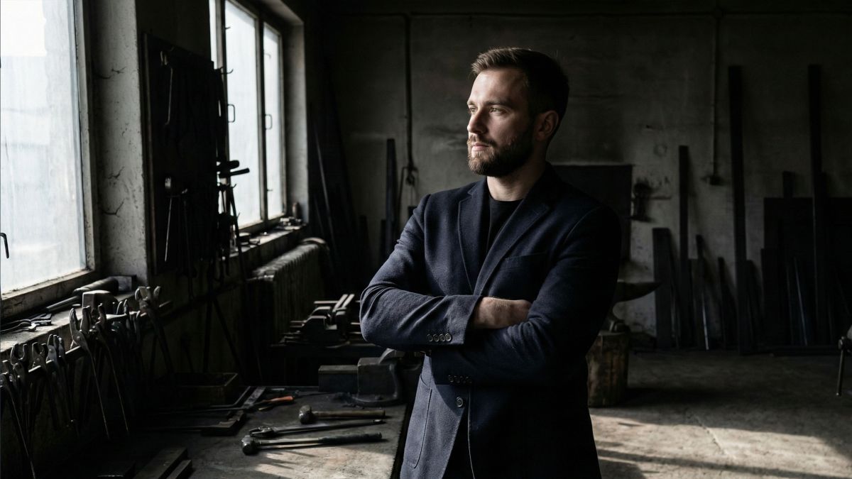 A confident man standing with strong posture and open body language.