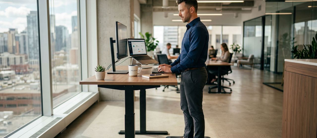 Professional man using a standing desk to improve pelvic circulation and posture during work hours.