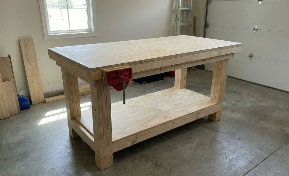 A completed heavy-duty wooden workbench with a double-layered plywood top and a red metal vise in a garage workshop.