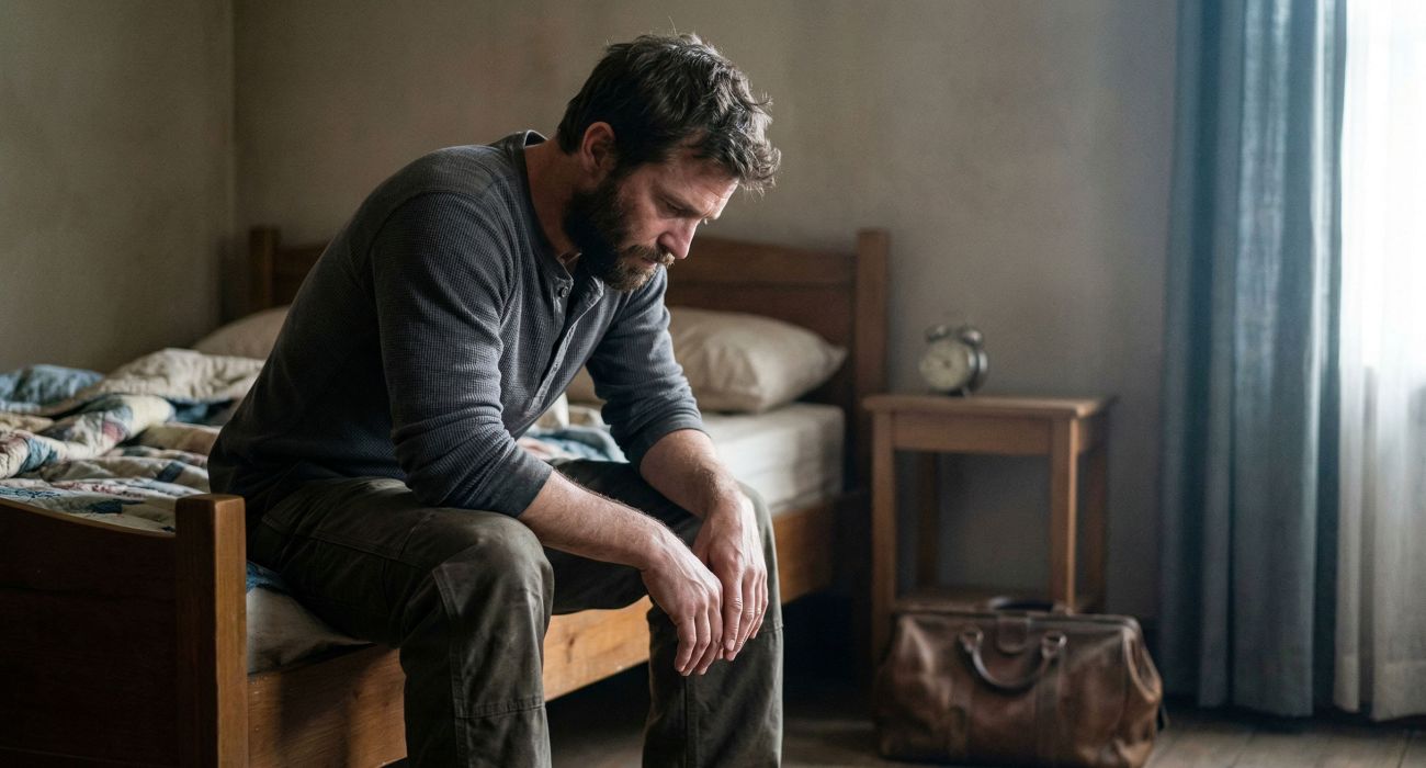 Man sitting on edge of bed in early morning light, reflecting the weight of sleep deprivation and stress on male health