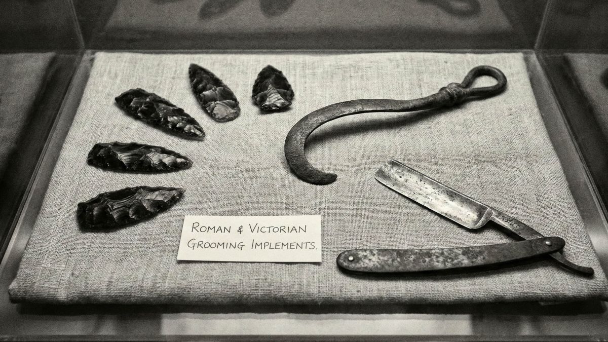 A collection of traditional and modern male grooming tools including a straight razor and safety razor.