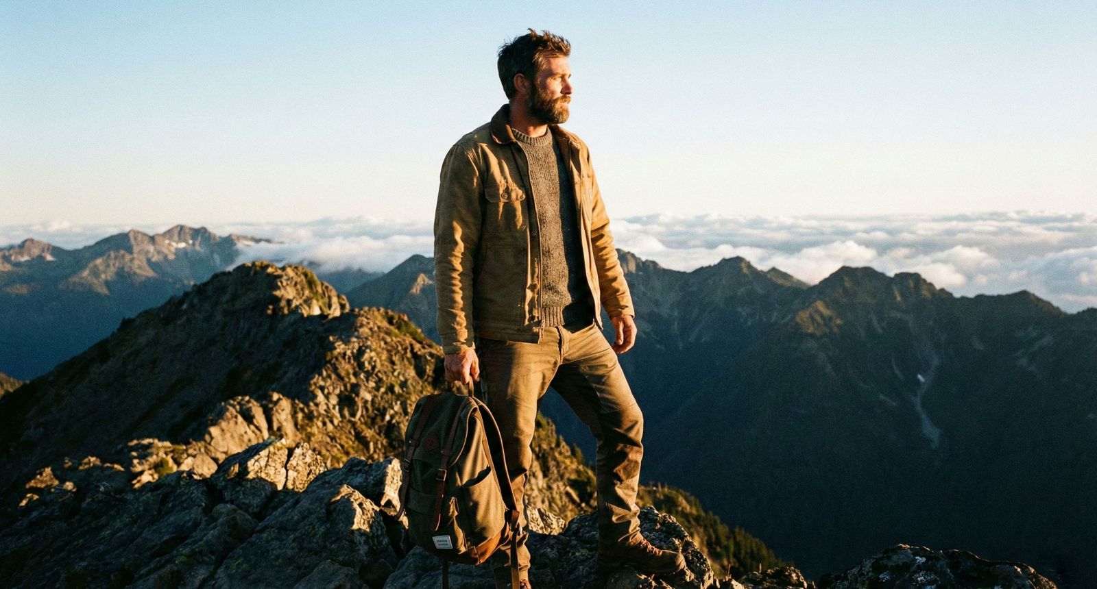 A strong, focused man overlooking a horizon representing the future of masculine performance and leadership.