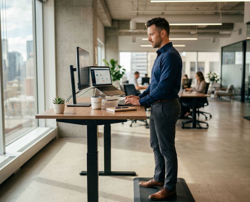 Professional man using a standing desk to improve pelvic circulation and posture during work hours.