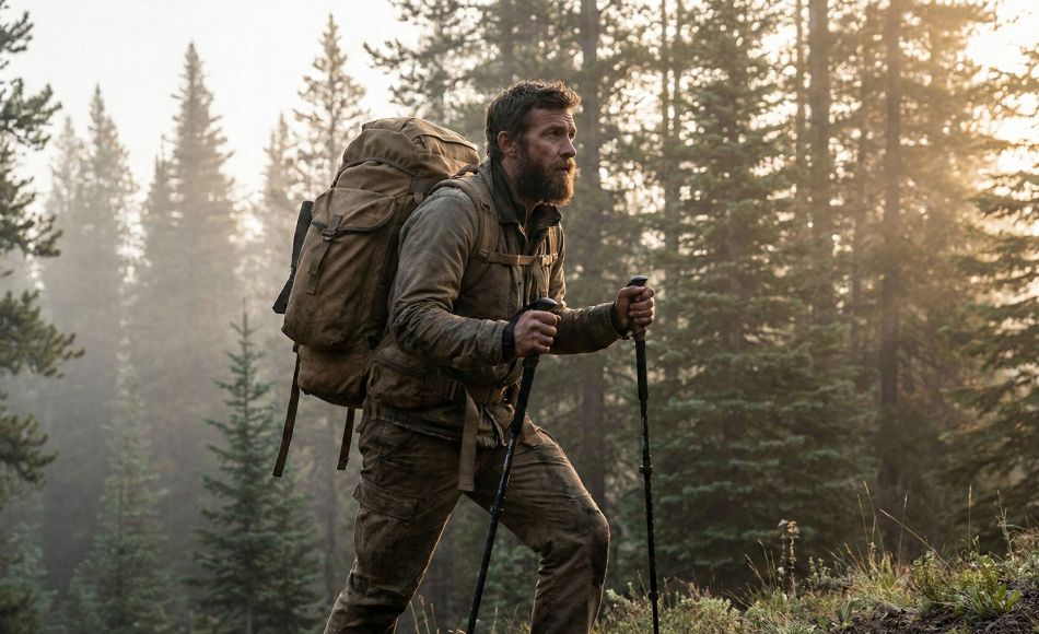 A fit man hiking outdoors representing rugged masculine health and peak physical performance.