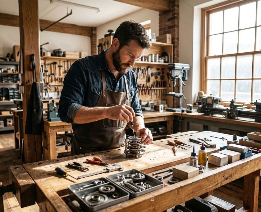A man in a workshop symbolizing the focused and mechanical approach to relationship communication.