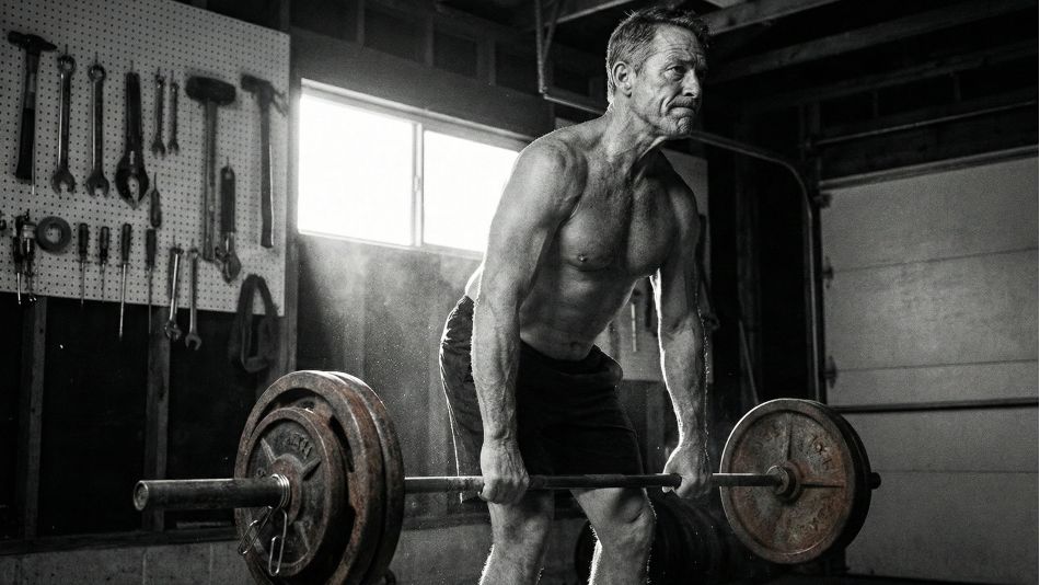 Mature man performing a heavy deadlift to maintain muscle mass and bone density.