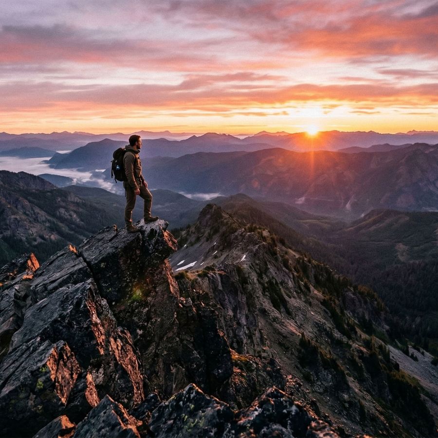 A man standing on a rocky mountain peak overlooking a vast valley at sunrise.