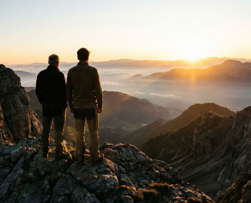A father and son observing a mountain landscape, symbolizing guidance and the passing of a masculine legacy.