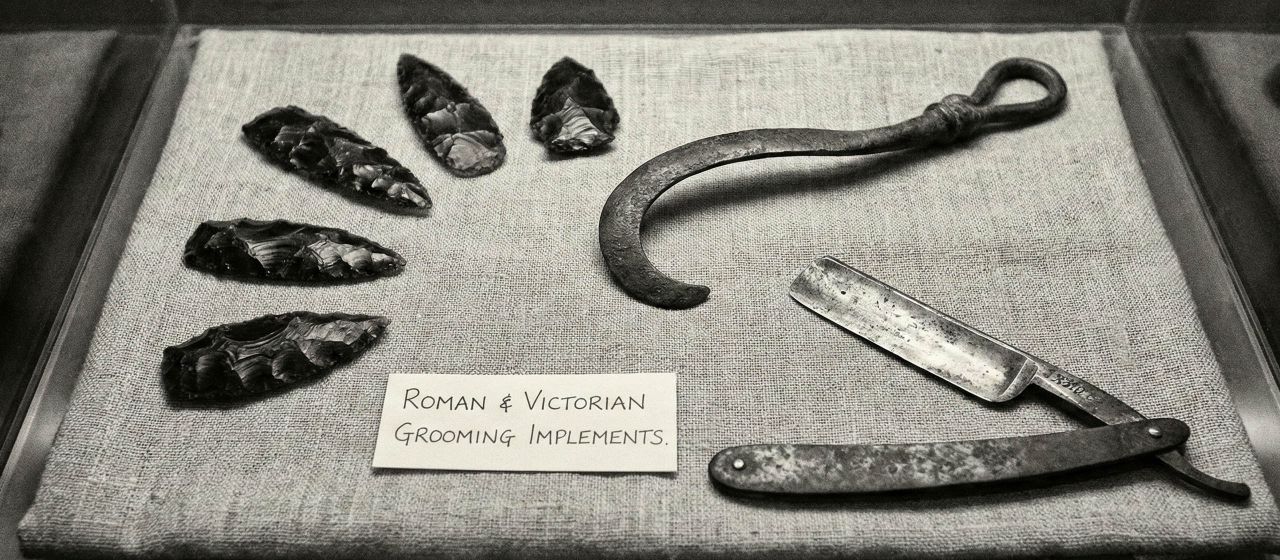 A collection of traditional and modern male grooming tools including a straight razor and safety razor.