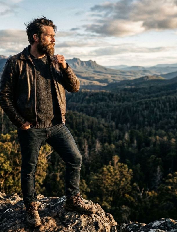 A determined man overlooking a valley, representing masculine health and generational legacy.