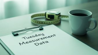 Simulierte wissenschaftliche Einrichtung mit Klemmbrett mit der Aufschrift „Dienstags-Messdaten“, Maßband und einem auf Dienstag eingekreisten Kalender.