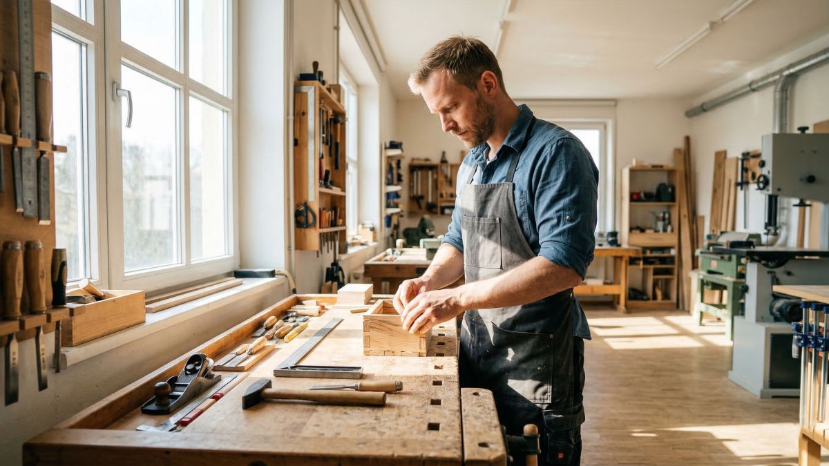 Ein Mann in der Werkstatt, der den fokussierten und mechanischen Ansatz der Beziehungskommunikation symbolisiert.