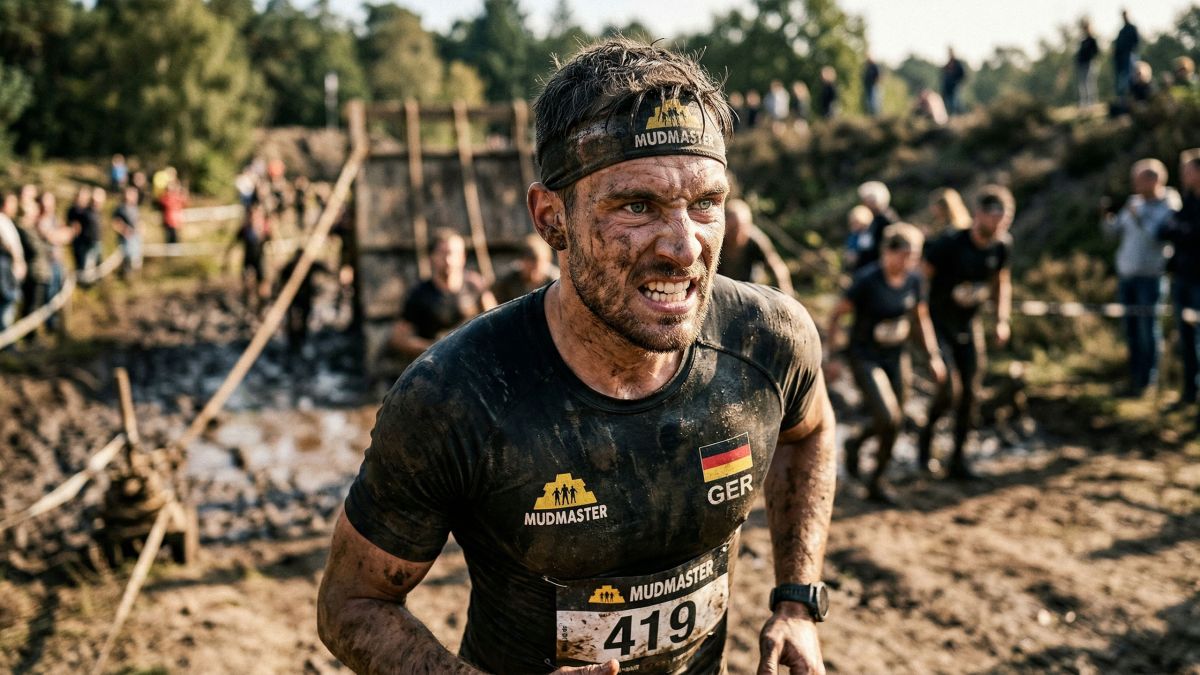 Mann, der allein eine anspruchsvolle körperliche Herausforderung meistert und rohen Antrieb sowie verdiente Leistung verkörpert