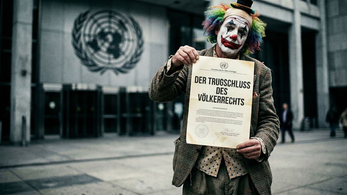 Eine symbolische Darstellung militärischer Stärke versus internationaler bürokratischer Symbole.