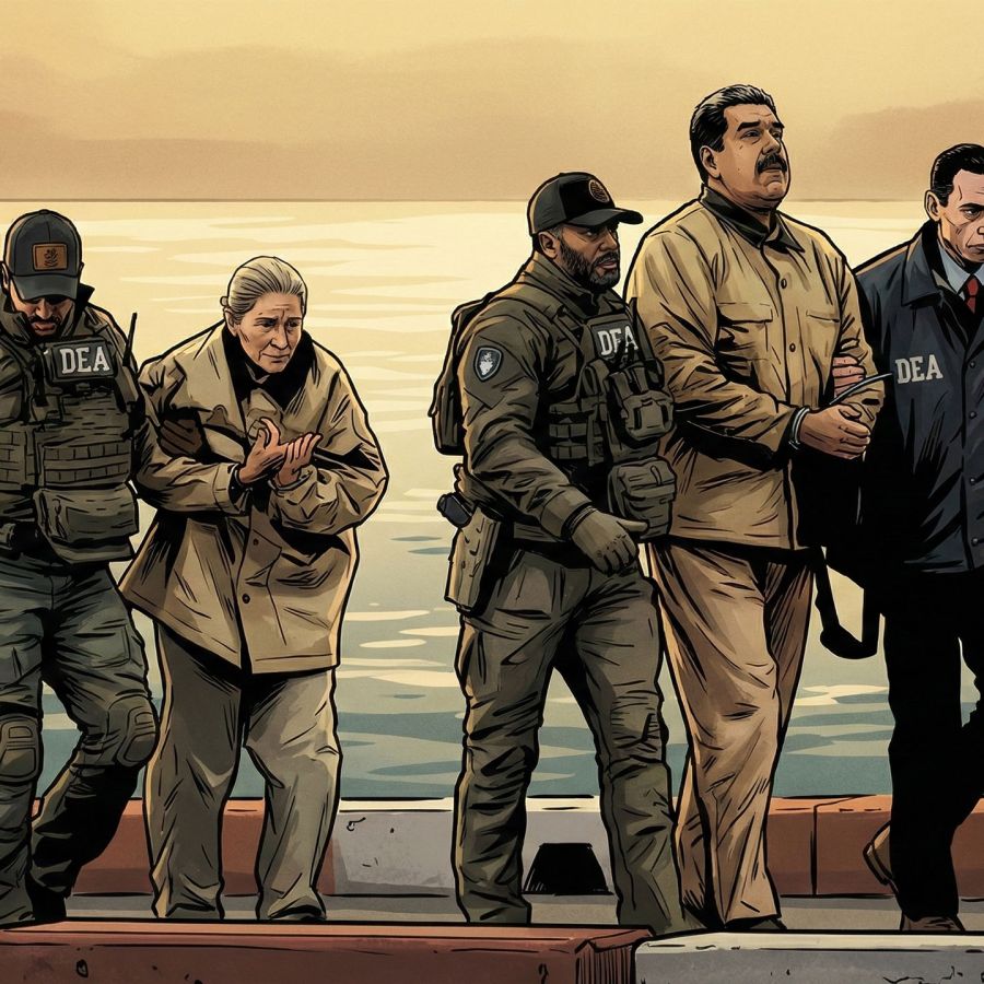 Eine symbolische Darstellung des Falls des venezolanischen Regimes und des Übergangs der Macht in rechtlichen Gewahrsam.