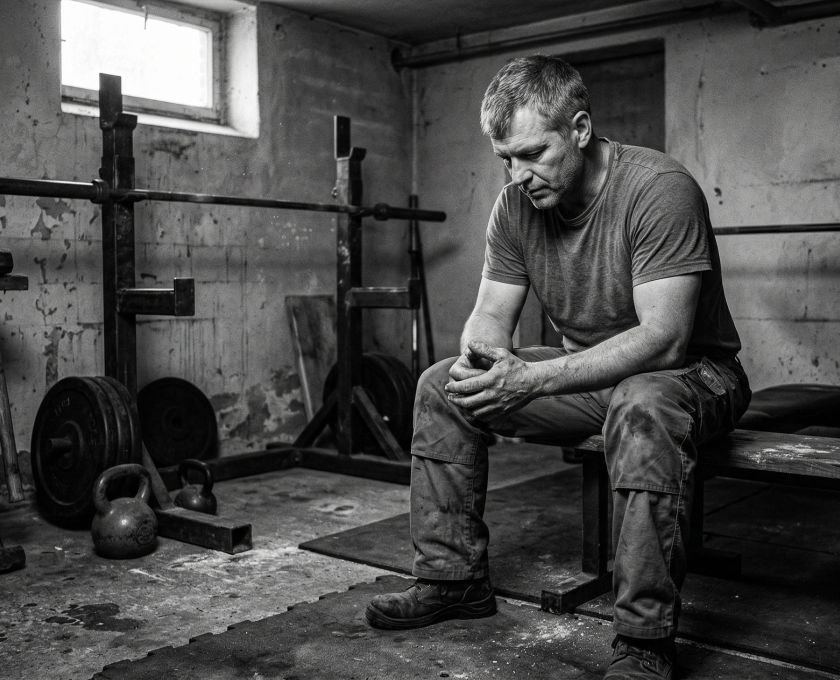 Ein Mann konzentriert sich auf funktionelle Stärke in rauer Umgebung.