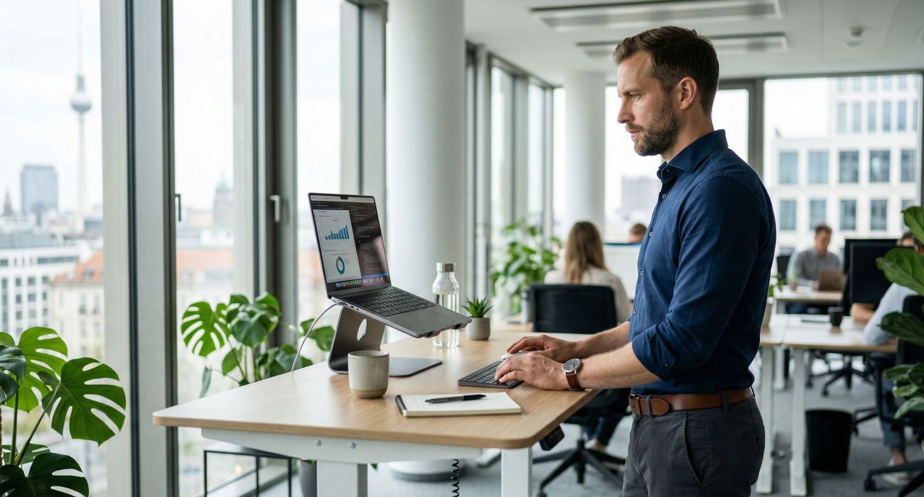 Geschäftsmann nutzt einen Stehschreibtisch zur Verbesserung von Haltung und Durchblutung.