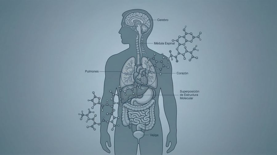 Ilustración de una figura masculina superpuesta con la estructura molecular de microplásticos, que representa la disminución de testosterona prevista hasta 2050.