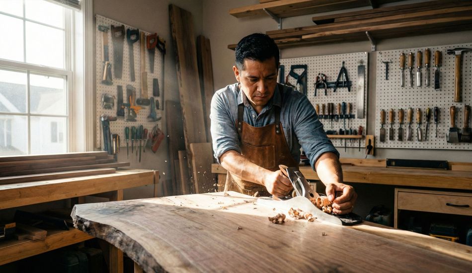 Un hombre trabajando en un proyecto artesanal en su garaje para construir un propósito fuera del trabajo.