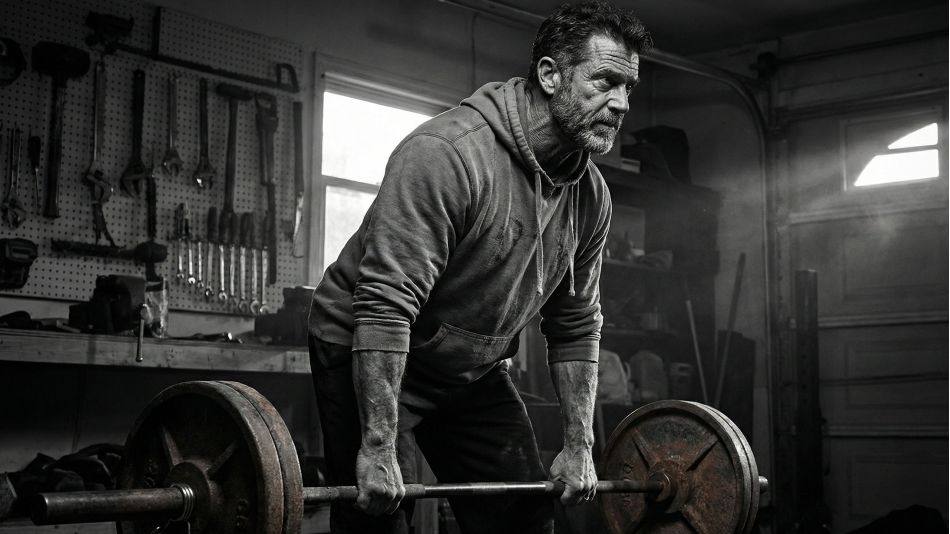 Hombre maduro realizando un peso muerto pesado para mantener la masa muscular y la densidad ósea.