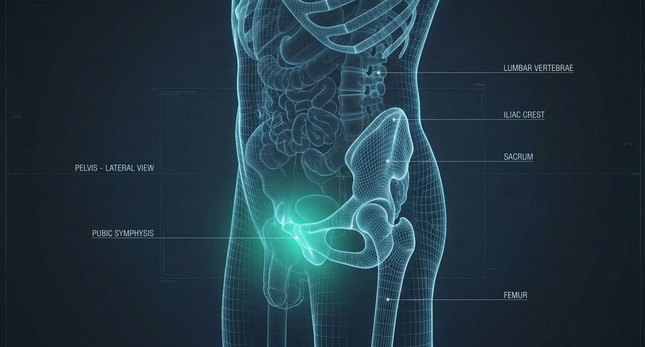 Ilustración médica de una pelvis masculina destacando la zona suprapúbica y la alineación pélvica.