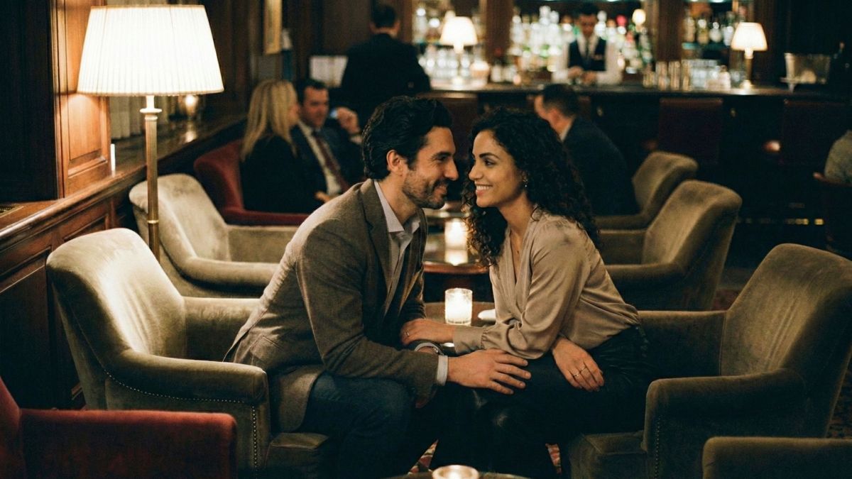 Un hombre y una mujer conversando en un bar mostrando un lenguaje corporal positivo.