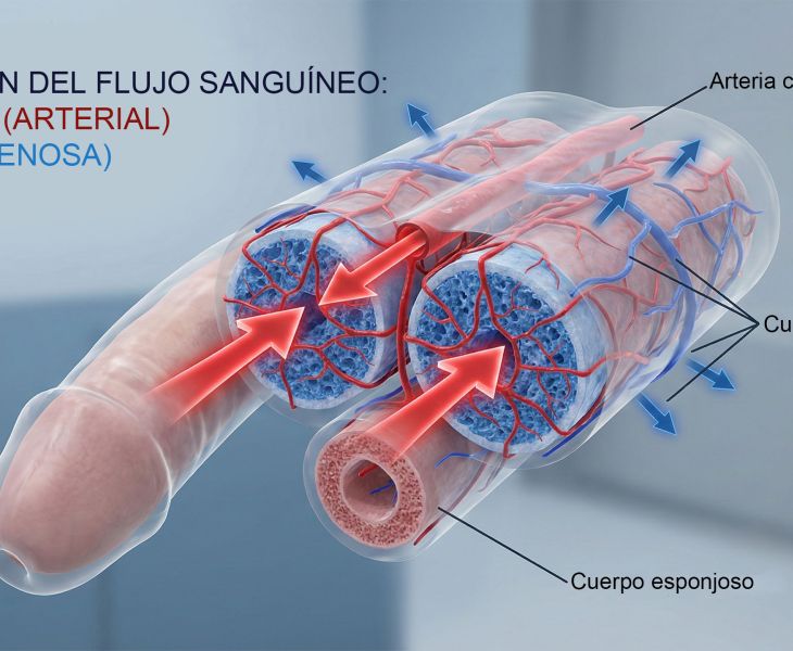 Diagrama que muestra las cámaras hidráulicas internas de la anatomía masculina durante la excitación.