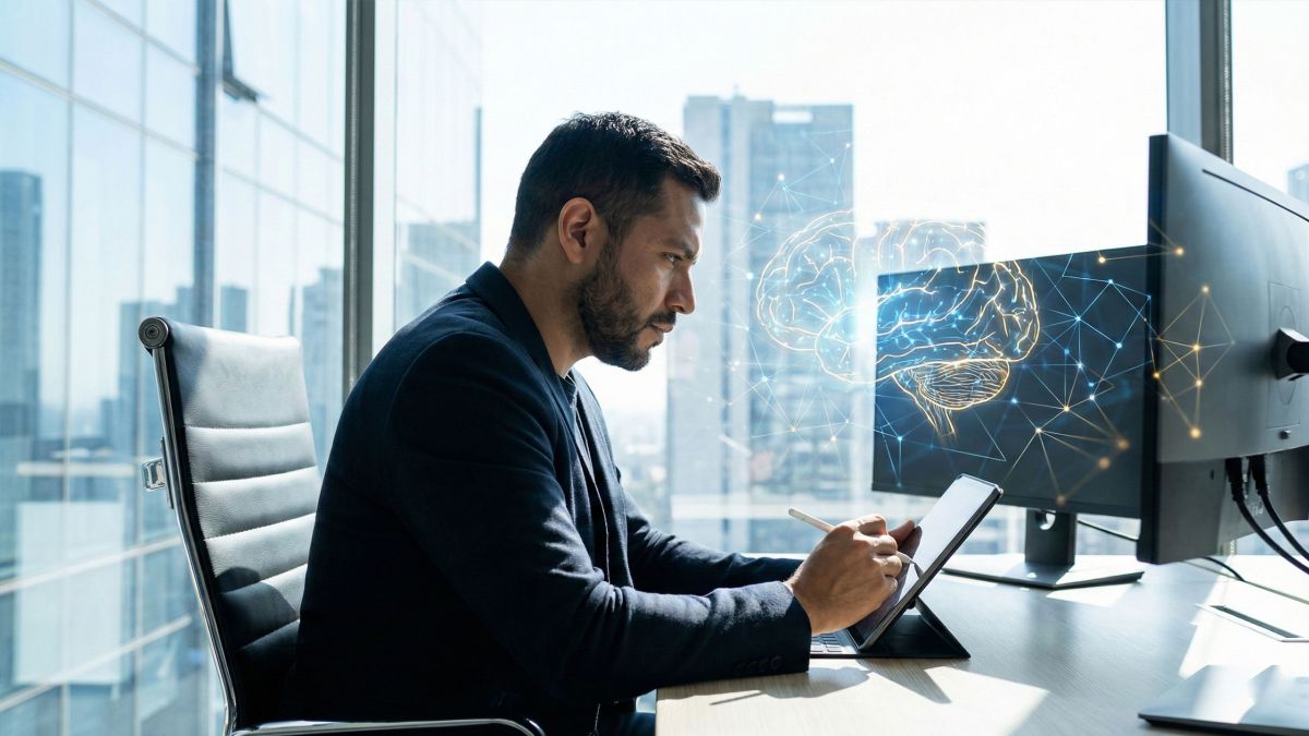 Un hombre demostrando intensa concentración mental y presencia de liderazgo.
