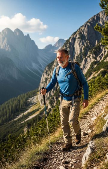 Mature man hiking to stay healthy and vital as he ages.