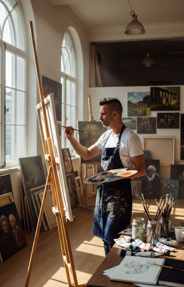 Man enjoying creative expression while painting in his studio.