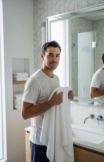 Man in bathroom preparing for daily genital care.