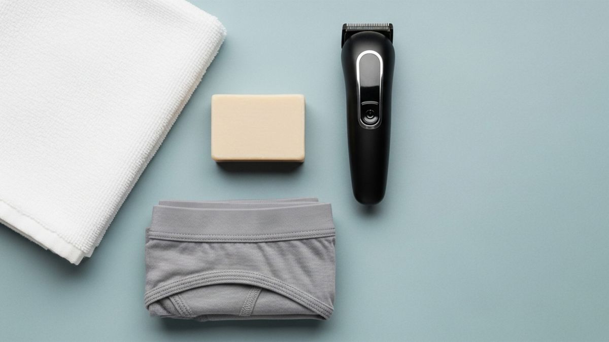 Essentiels de soins génitaux pour hommes—serviette, savon doux, tondeuse et sous-vêtements en coton aux tons pastel