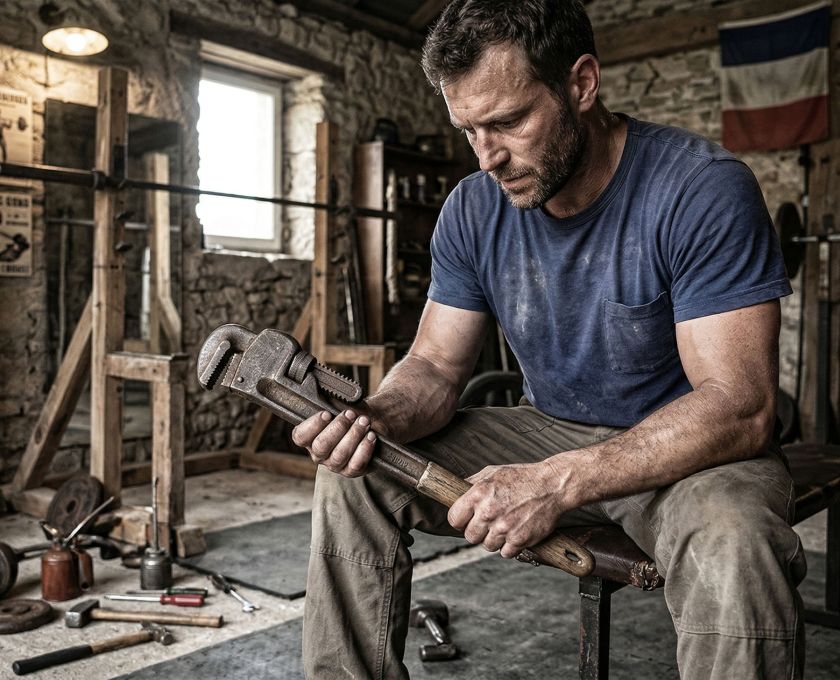 Un homme concentré sur la force fonctionnelle dans un environnement brut.