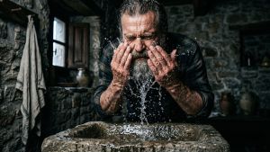 Un homme à barbe courte se jette de l’eau au visage dans une salle de bain minimaliste.