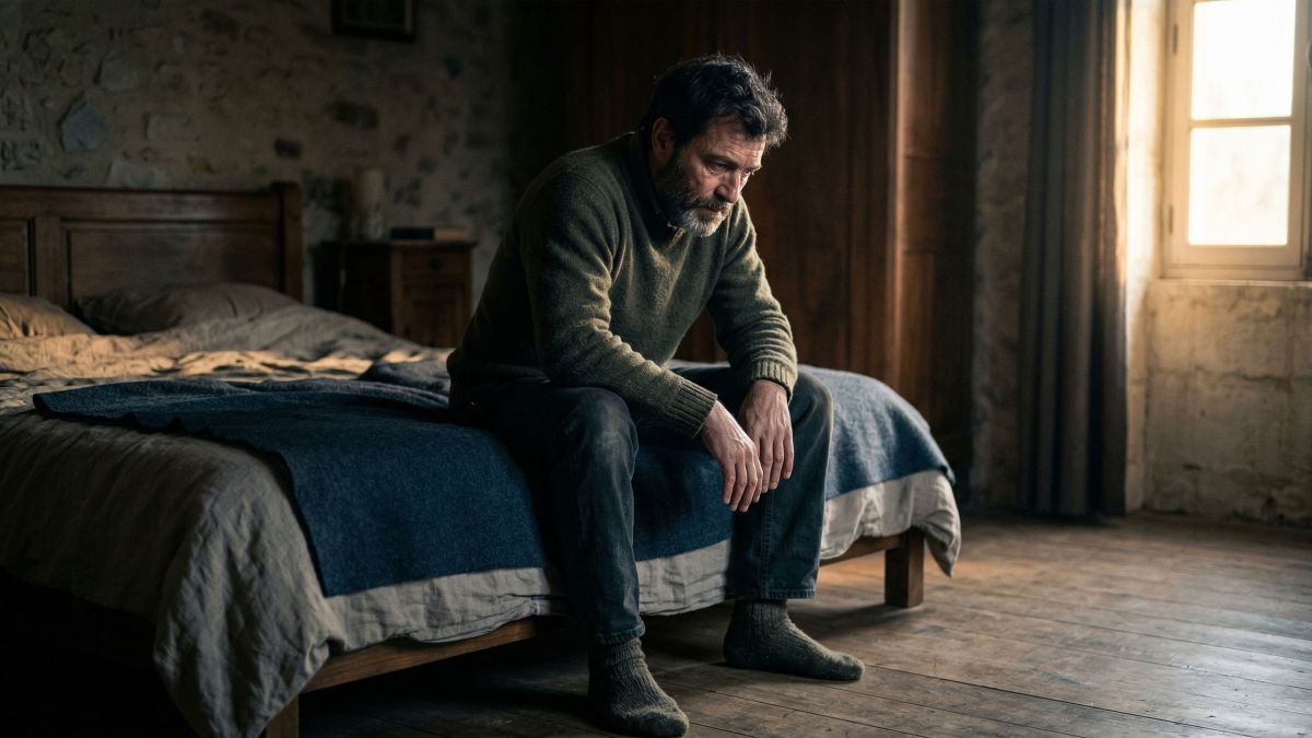 Homme assis au bord du lit à l’aube, ressentant les effets du manque de sommeil et du stress sur sa santé