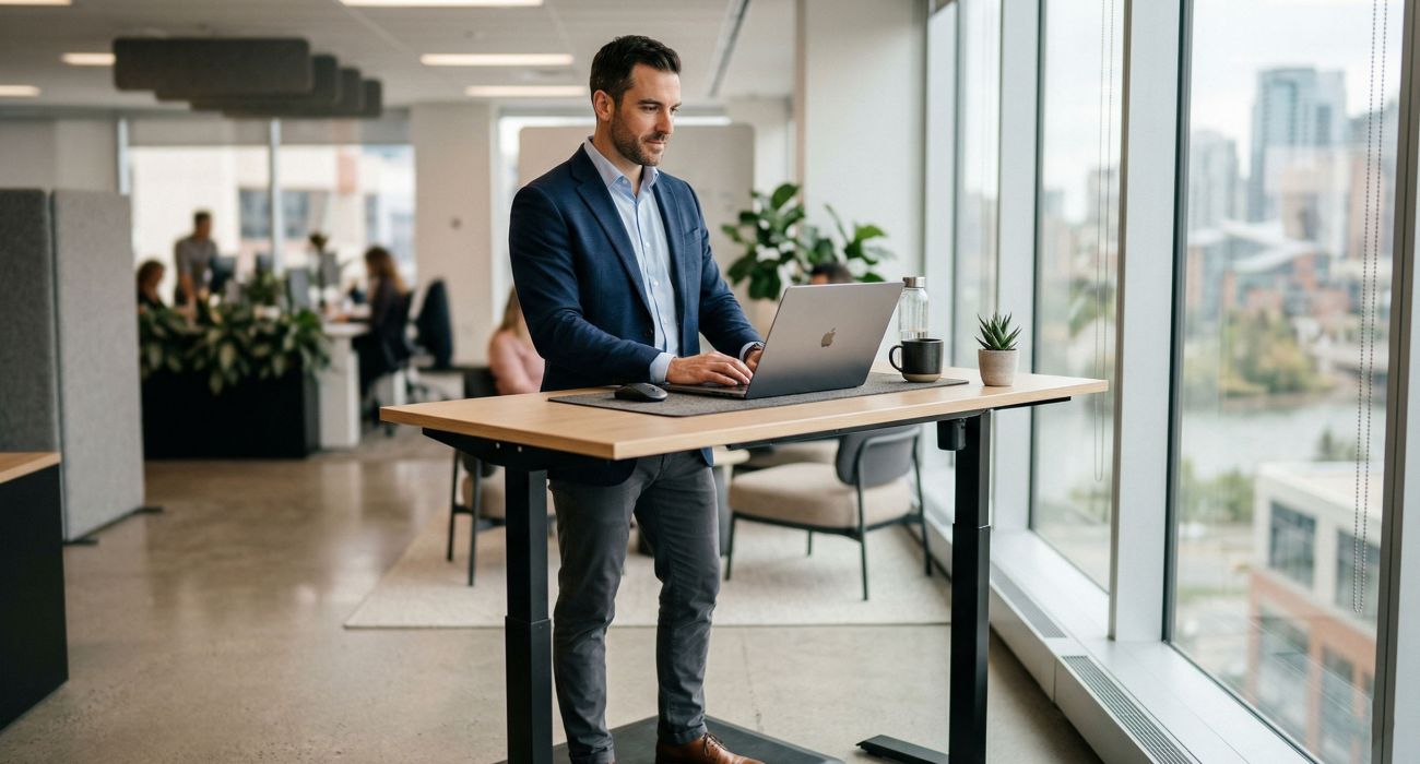 Homme professionnel utilisant un bureau debout pour améliorer la circulation pelvienne et la posture.