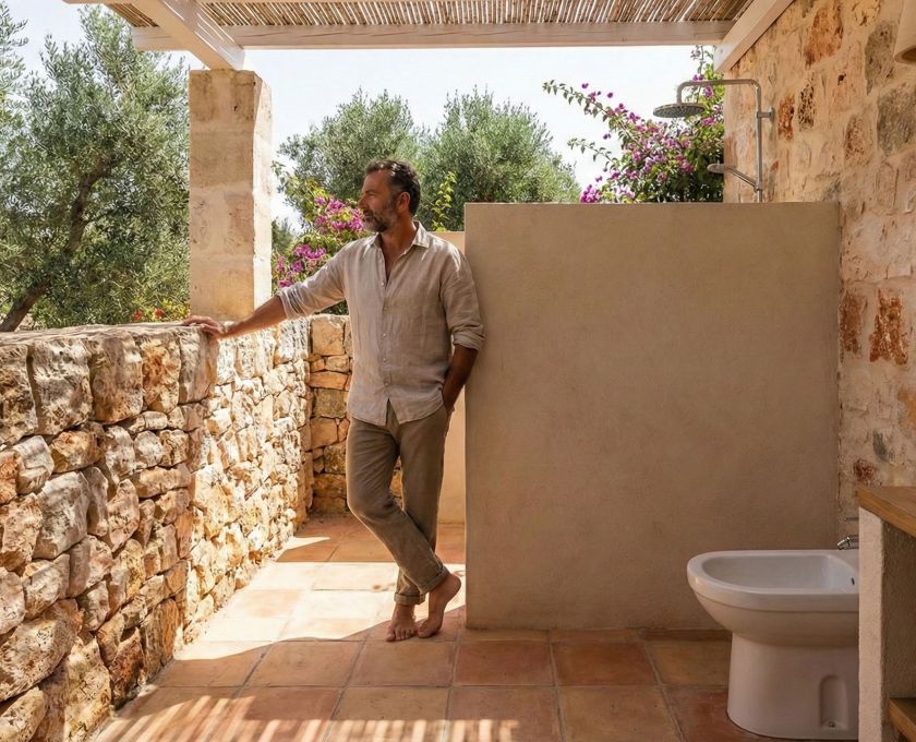 Salle de bain méditerranéenne traditionnelle avec bidet illustrant l’hygiène masculine.