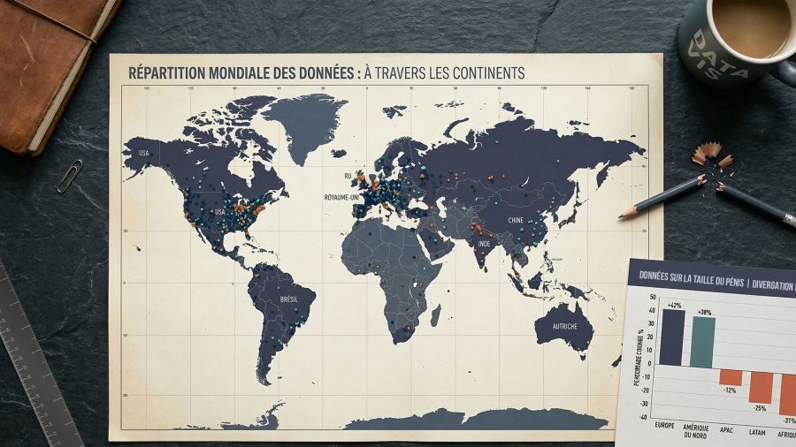 Carte du monde avec points de données régionaux et ruban de mesure divisé, représentant les lacunes ethniques et géographiques dans la méta-analyse de la taille du pénis de Veale 2015.