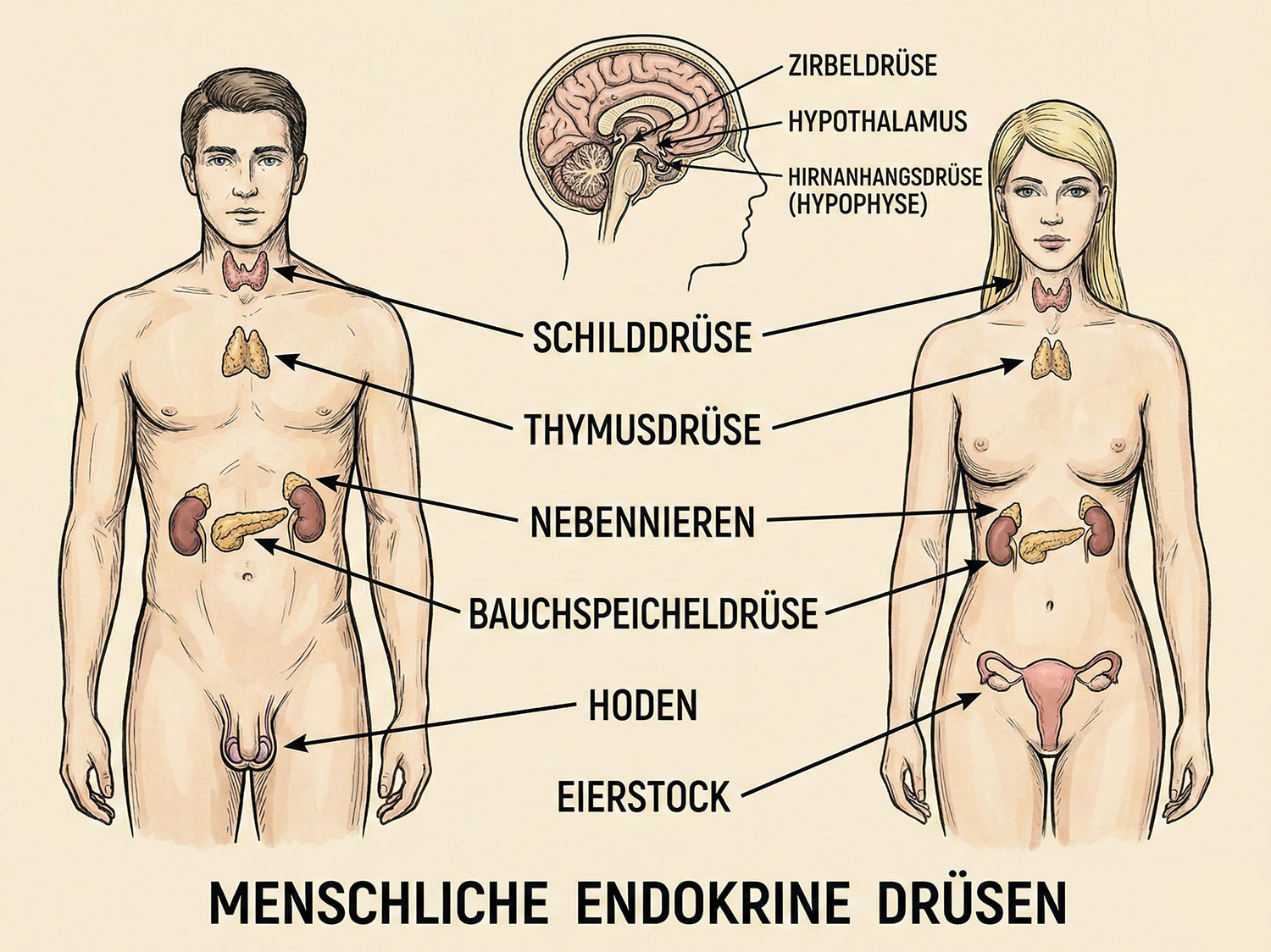 Endokrine Drüsen beim Menschen – Mann und Frau.