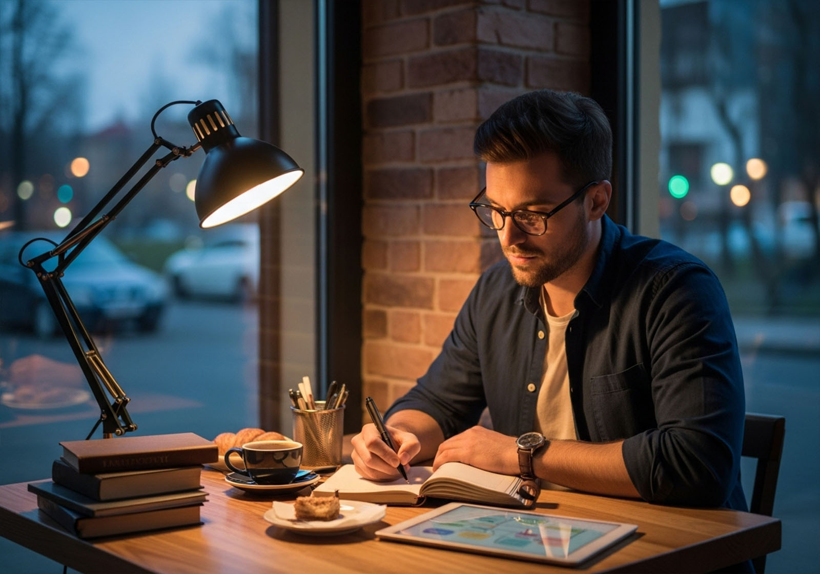 Homme tenant un journal dans un café, planifiant des rampes de sortie d'identité au-delà du travail
