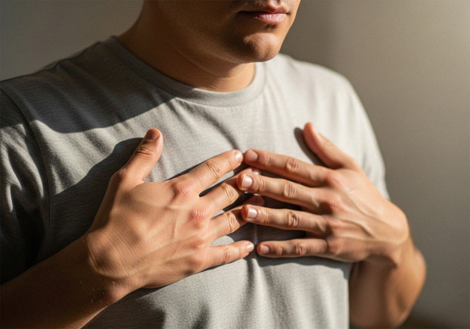 Nahaufnahme der Hände eines Mannes auf Brust und Bauch während achtsamen Atmens