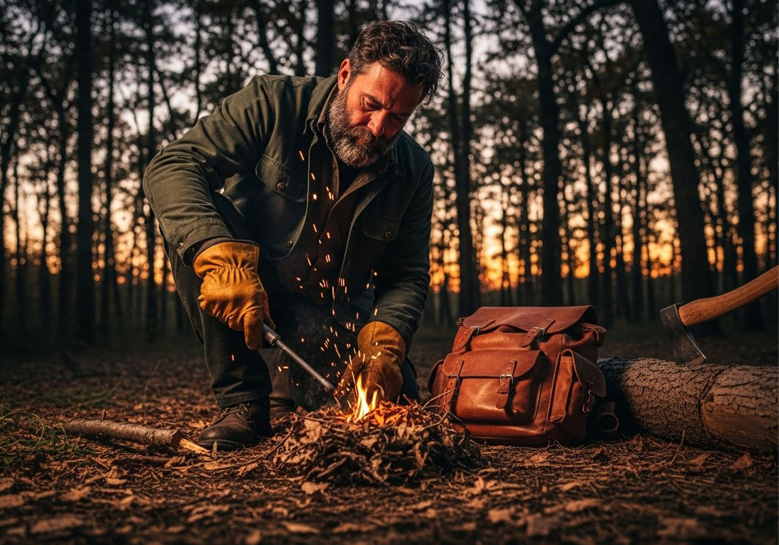 Man starting a fire with ferro rod